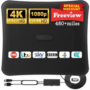 TV Aerial Indoor with 480+ Miles Long Range-Amplified Smart Digital 4K 1080P