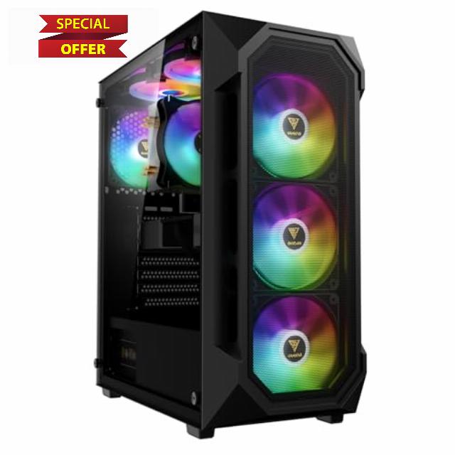 GAMDIAS AURA GC1 Elite High Airflow Tempered Glass Mid-Tower ATX Case - Four Included 120 mm RGB Fans - Spacious Interior - Fits 6X 120mm Fans - Tool-Free Installation Side Window - PSU Shroud - Black