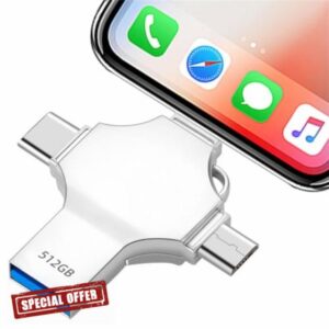 Aleis USB Flash Drive 512GB 4 IN 1 USB Memory Stick High Speed USB Stick 512GB USB C Stick Thumb Drive External Storage for Smartphone/Computer/Tablet/Laptop/Android