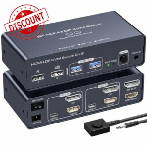 VEDINDUST HDMI Displayport KVM Switch 2 Monitors 2 Computers 8K60HZ 4K120HZ Aluminium KVM Switch Dual Monitor for 2 Computers Share 2 Monitors and 4 USB Ports With Desktop Controlle
