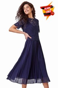 Roman Originals Lace Pleated Dress for Women UK - Ladies Swing Midi A-line Ball Cotton Special Occasion Party Formal Wedding Guest Mother of The Bride Groom Fit & Flare Gowns