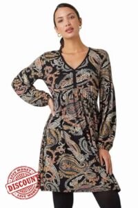 Roman Floral Print Stretch Jersey Dress for Women UK - Ladies Winter Autumn 3/4 Long Sleeve Knee Length V-Neck Casual Smart Gathered Waist A Line Swing Skater Cocktail Party
