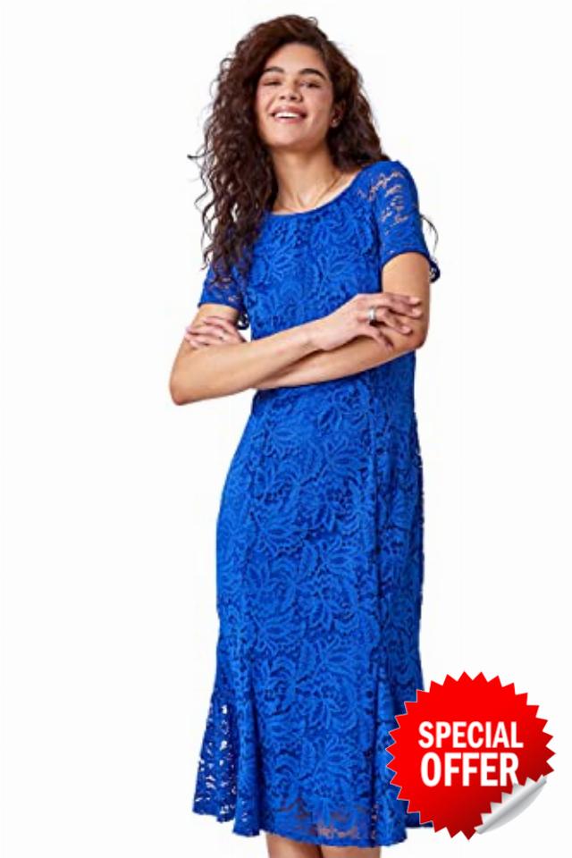Roman Originals Floral Lace Overlay Dress for Women UK - Ladies Luxury Ball Gown Shift Midi Lined Knee Length Stretch Formal Wedding Guest Party Evening