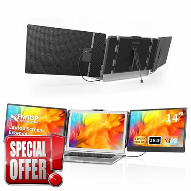 XFMTOP Laptop Screen Extender Monitor - 14 Inch Portable Triple IPS FHD 1080P HDMI/USB-A/Type-C Monitors for Laptops(Maximum Length: 15.74") Compatible with Windows Mac
