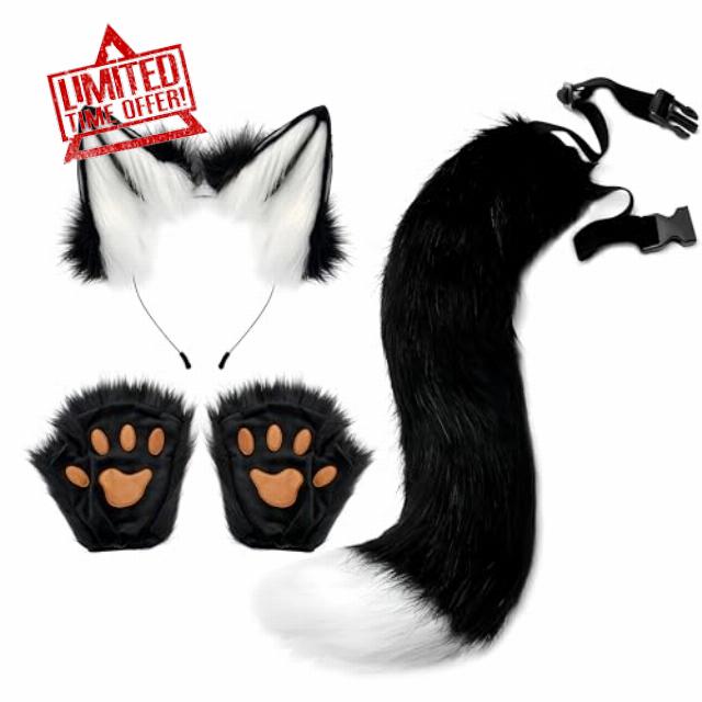 Proumhang 3 pcs Animal Ears Headband Tail Paw Glove Set