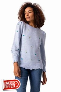 Roman Originals Floral Embroidered Scallop Hem Jumper for Women UK - Ladies Autumn Everyday Winter Holiday Pull-On Round Neck Long Sleeve Comfy Soft Vacation Work