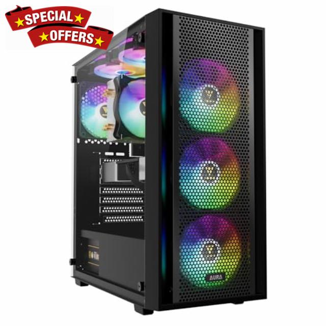 GAMDIAS AURA GC2 Elite High Airflow Tempered Glass Mid-Tower ATX Case - Four Included 120 mm RGB Fans - Spacious Interior - Fits 6X 120mm Fans - Tool-Free Installation Side Window - PSU Shroud - Black