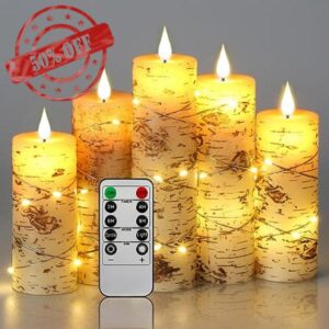 Da by Candle Lights LED Candles Hand Painted Birch Bark Recessed String Candles Set of 5 (Heights: 13/14/16/18/20cm) Battery Powered Candles with Dancing LED Flame 10 Button Remote Control