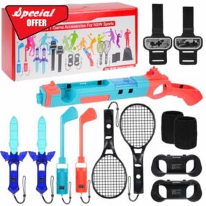 zerotop 14 in 1 Switch Sports Accessories Bundle for Nintendo Switch Games Nintendo Switch OLED Switch Sports Accessories with Tennis Rackets Golf Culbs JoyPad Grips Sword Wrist & Leg Straps