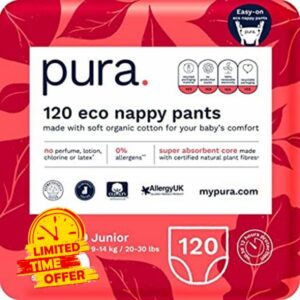 Pura Premium Eco Nappy Pants Size 5 (9-14kg /20-30lbs) Monthly Pack 6 x 20 Total 120 Baby Toddler Easy Pull Up’s Training Nappies for Boys and Girls