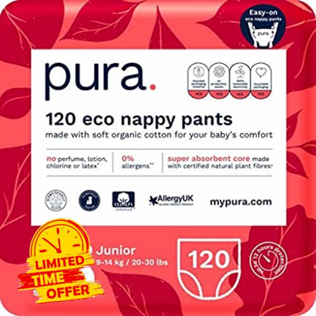 Pura Premium Eco Nappy Pants Size 5 (9-14kg /20-30lbs) Monthly Pack 6 x 20 Total 120 Baby Toddler Easy Pull Up’s Training Nappies for Boys and Girls