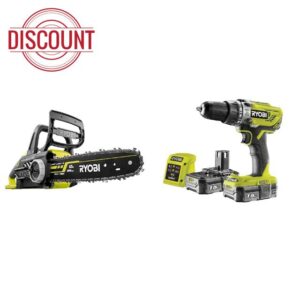 Ryobi OCS1830 18 V 30 cm Bar ONE+ Cordless Brushless Chain Saw & R18PD3-215GZ 18 V ONE+ Cordless Combi Drill Starter Kit (2 x 1.5 Ah)