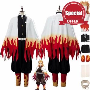 ZoikoM Anime Rengoku Kyoujurou Cosplay Costume Outfit Demon Slayer Kimono Cape Wig Keychain Complete Set Halloween Party Uniform Sui