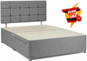 Grey Chenille Fabric Divan Bed Base with Headboard | Double Bed Frame with 20 Inches High Headboard and 4 Storage Drawers (4FT6 Double - 135 x 190 cm)