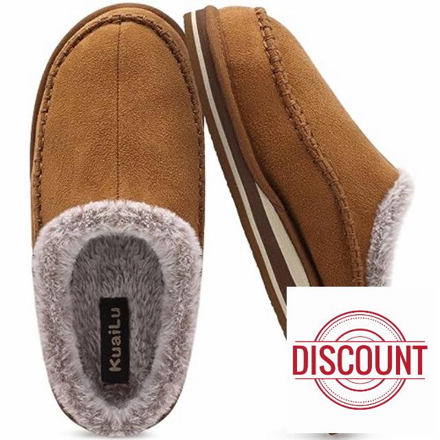 KuaiLu Mens Momery Foam Clog Slippers Comfy Handmade Stitch Microsuede Slip-on House Shoes With Arch Support Warm Faux Fur Lined Rubber Sole Indoor Outdoo