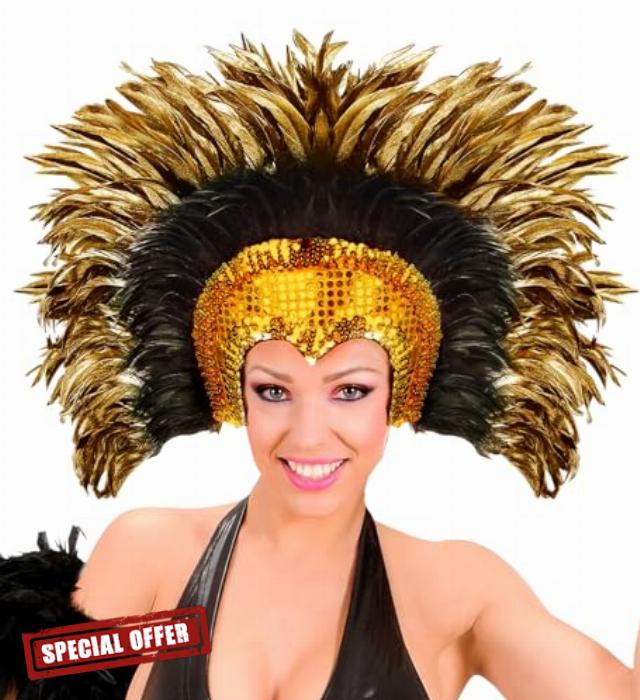 Bella Dox Carnival Feathered Cabaret Headdress Gold - Showgirl Flapper Headwear for Photoshoot Prom Party Performance Fancy Dress Accessory