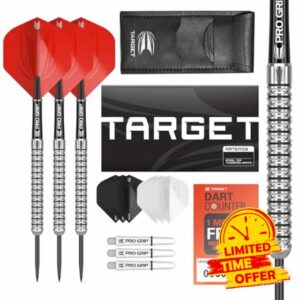 Target Darts Artemis 21G/22G/23G/24G/25G/26G 80% Tungsten Steel Tip Darts Set - 6 Pro Grip Shafts - 9 Pro Ultra Flights – Dart Wallet Bundle