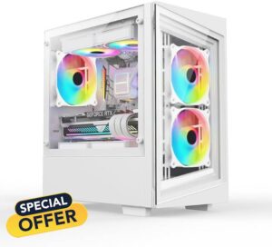 iONZ PC Gaming Case Micro ATX Mini Tower - Compact Glass Series | White Tempered Glass (G1 Edition with 3 ARGB PWM Fans)