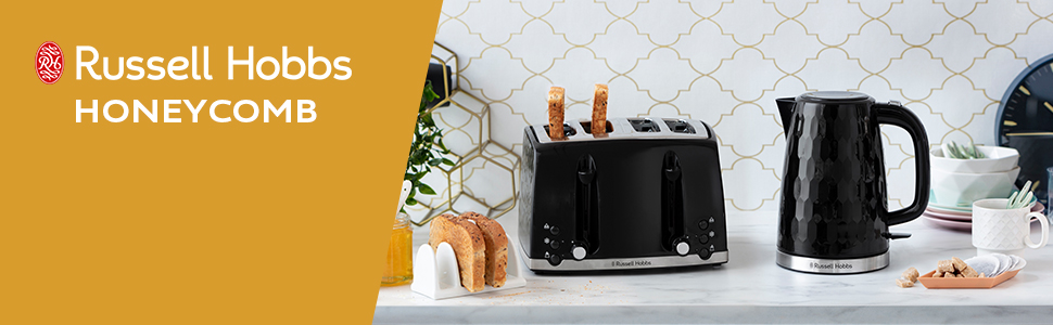 Russell Hobbs 26071 4 Slice Toaster - Contemporary Honeycomb Design with Extra Wide Slots, Black