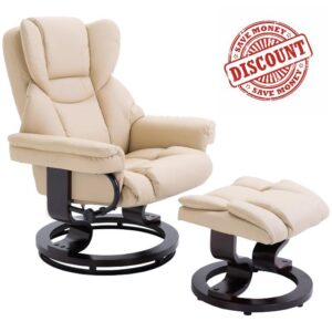 HOMCOM Reclining Swivel Armchair Footstool Set Sofa Padded PU Leather Relaxing Manual Duo Metal Frame Bentwood Base Cream
