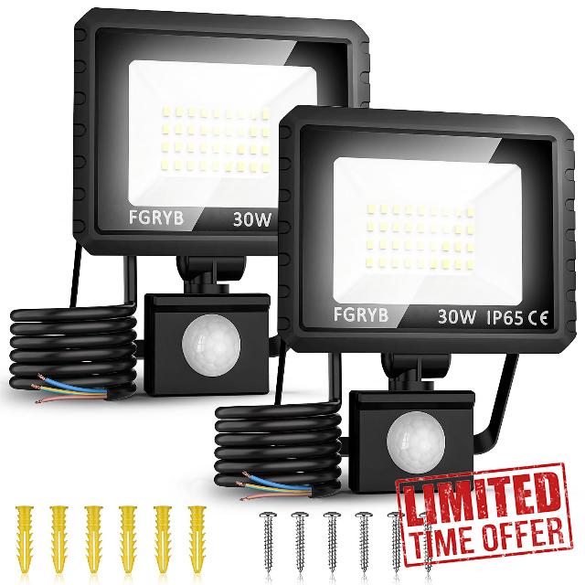 2Pcs Security Lights Outdoor Motion Sensor - 30w Pir LED Floodlight Outside Light Mains Powered - External Flood & Spot Lighting Waterproof Exterior Spotlight Garden Garage Backyard Movement Detecto