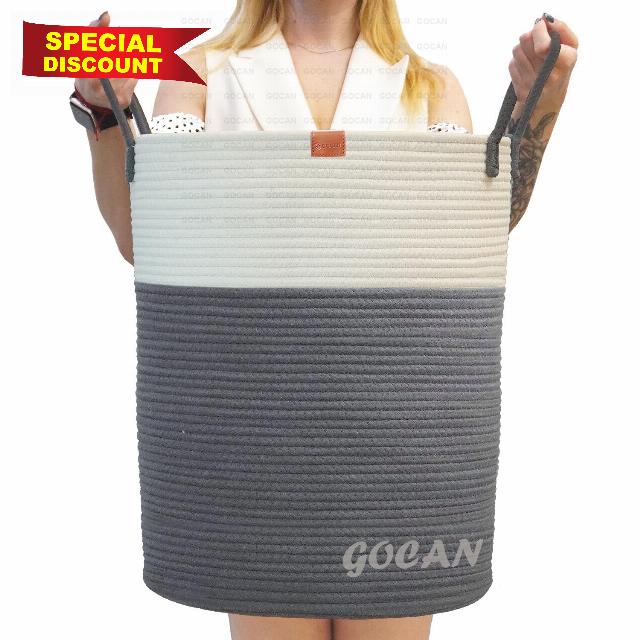 GOCAN large tall sturdier Laundry Hamper Basket Woven Storage Baskets for clothes Pillows Blanket Toy in living or bed room decoration H50XD38cm grey/beige