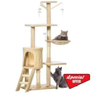 PawHut Cat Tree for Indoor Cats 135cm Cat Tower Scratching Post Kitty Scratcher Climbing Tower with Ladder