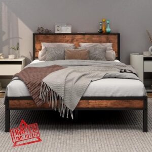 DUMEE Double Bed Frame with Wooden Storage Shelf Headboard