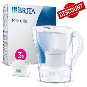 BRITA Marella Water Filter Jug White (2.4L) Starter Pack incl. 3x MAXTRA PRO All-in-1 cartridges - fridge-fitting jug with digital LTI and Flip-Lid - now in sustainable Smart Box packaging
