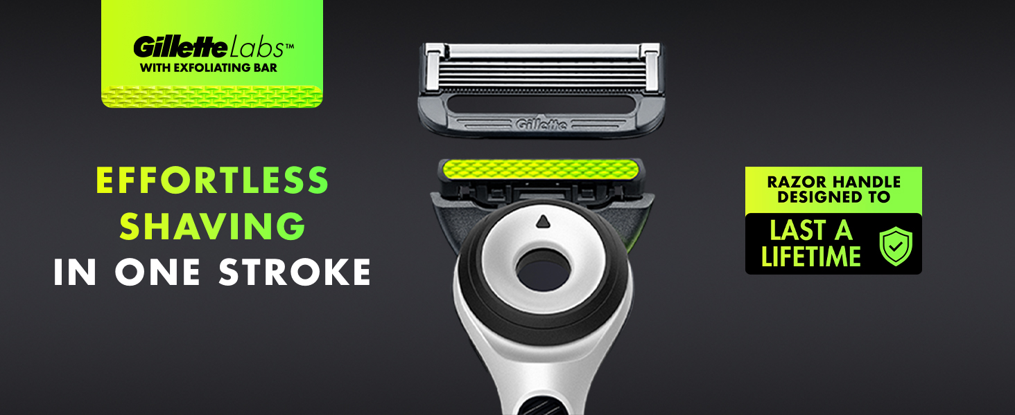 Razor head hovering above GilletteLabs Solo Blade Razor that shaves effortlessly in one stroke.