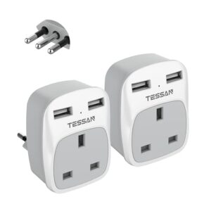 TESSAN UK to Italian Power Adaptor with AC Outlet 2 USB Charging Ports