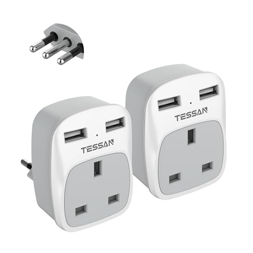 TESSAN UK to Italian Power Adaptor with AC Outlet 2 USB Charging Ports