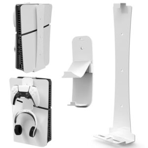 Wall Bracket for PlayStation5 Slim (Disc and Digital) Steel Playstation 5 Slim Wall Mount Bracket with Controller Holder & Headphone Hanger Screws Sponge (White)