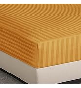 Hafaa Ochre Double Fitted Sheet Soft Satin Strips Microfiber Bed Sheets 25cm Deep Pocket Fitted S...