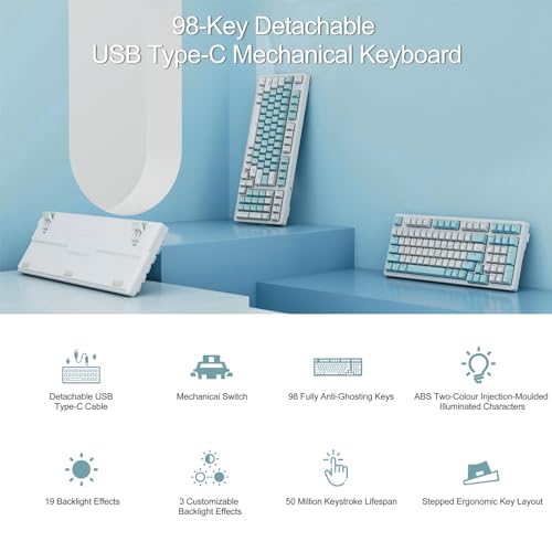 Full Size 98 Anti-Ghosting Keys Brown Switch Keyboards with Icy Blue Backlight