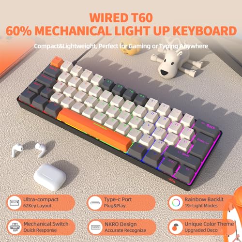 62-Key Ultra-Compact Brown Switches Wired Office Mixed-Colored Keyboard with ABS keycaps