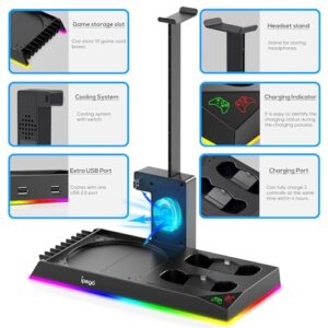 15 RGB Lights& Game Disc Storage Bit& Headset Stand with 2X1400 mAh Rechargeable Battery Pack Accessories