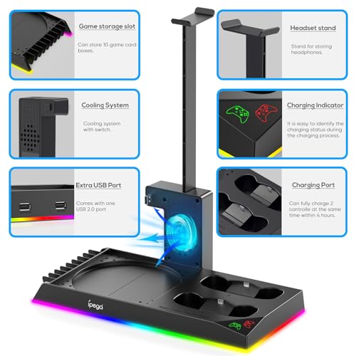 15 RGB Lights& Game Disc Storage Bit& Headset Stand with 2X1400 mAh Rechargeable Battery Pack Accessories