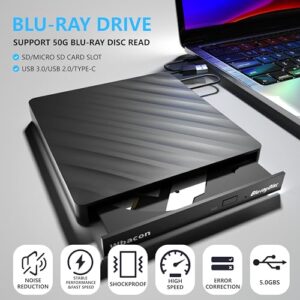USB 3.0 Type-C Slim Optical External Bluray DVD Burner with SD/TF Card Reader 2 USB 3.0 Hubs Compatible with Windows XP/7/8/10 MacOS MacBook Laptop and Desktop