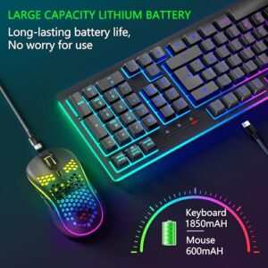 Rechargeable 2.4G Light Up Cordless Keyboard with Ergonomic Wireless Wired Dual Mode Mice