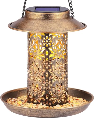 Metal Wild Bird Feeder Squirrel Proof for Cardinals Solar Garden Lantern with S Hook as Gift Ideas for Bird Lovers(Copper)