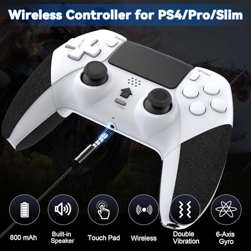 Gamepad Joystick Controller Compatible with PS4/Pro/Slim with Turbo/Programmable Buttons/6-Axis Gyro Sensor/Dual Vibration-White