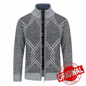 Mens Knitted Cardigan Thick Sweater Full Zip Stand Collar Warm Jumper Fleece Lined Winter Coa