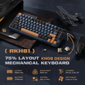 Knob Control Triple Mode BT5.1/2.4Ghz/USB-C 75% Mechanical Keyboard Gasket Mount with RGB Backlit 3750mAH Battery