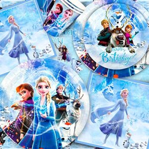 124pcs Frozen Party Decorations&Tableware Set-Frozen Party Plates Cups and Napkins Tablecloth & Frozen Backdrop Balloons etc Frozen Birthday Decorations for Girls