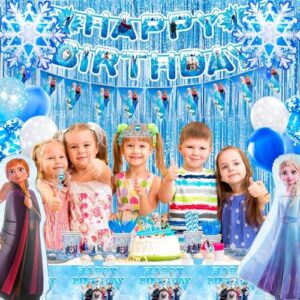 145pcs Frozen Birthday Decorations&Tableware Set-Frozen Party Plates Cups Napkins Tablecloth & Frozen Birthday Balloons Banner etc Frozen Birthday Party Supplie