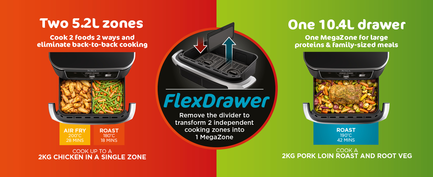 Ninja Foodi FlexDrawer Air Fryer, Dual Zone with Removable Divider, Large 10.4L