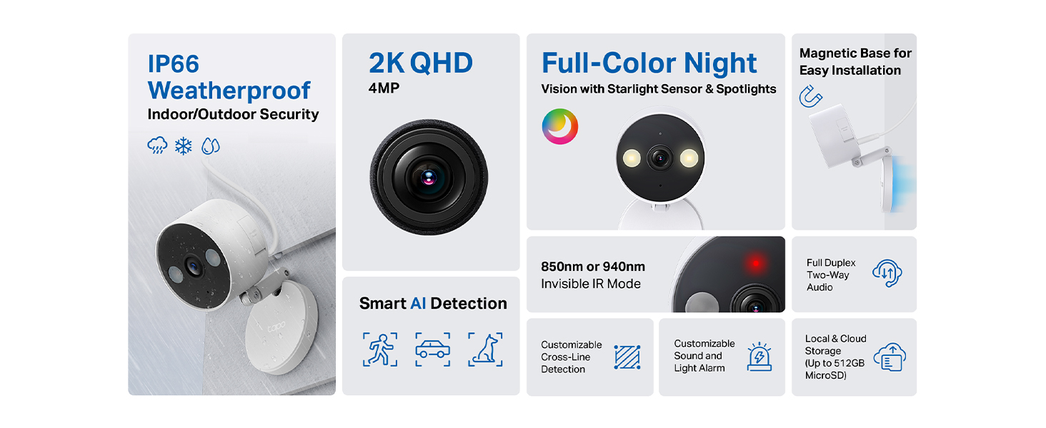 Tapo Indoor/Outdoor Wi-Fi Home Security Camera, 2K Colour Night Vision,Smart AI Detection