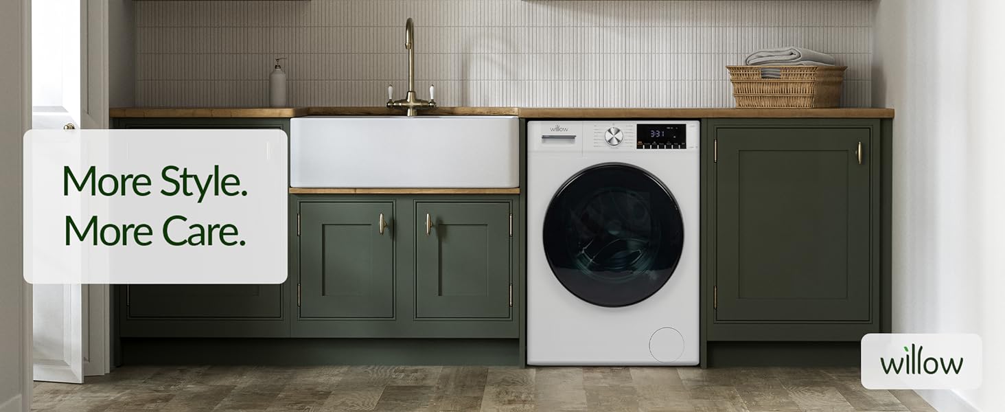 Willow WWD8514WH washer dryer in green utility room setting. Willow logo. More style more care