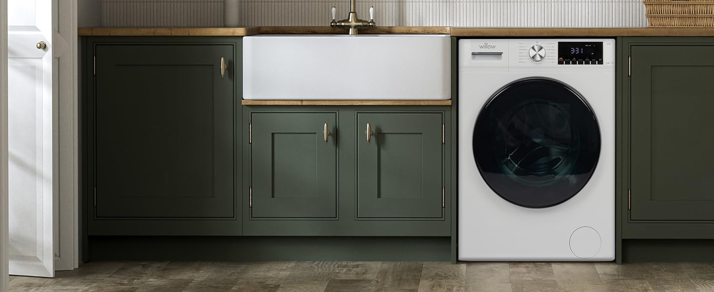 Willow WWD8514WH washer dryer in green utility room setting next to white sink